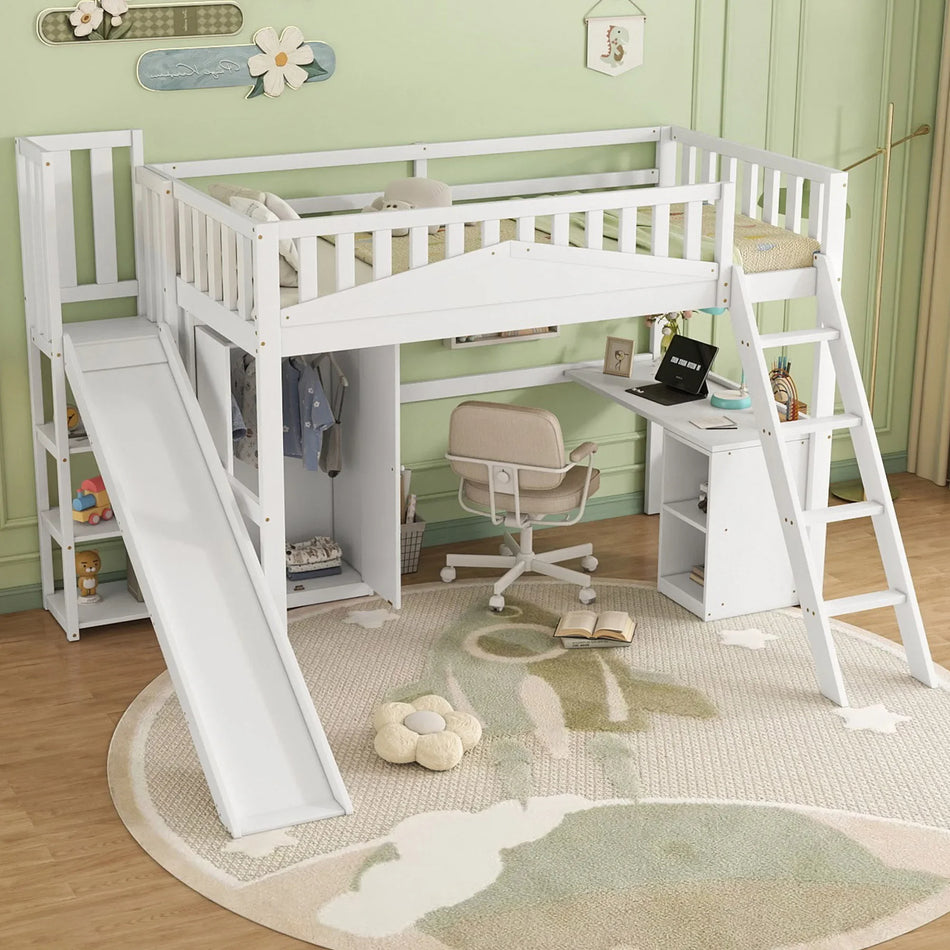 Barns våningssäng med säkerhetsgrind, bord och garderob för förvaring