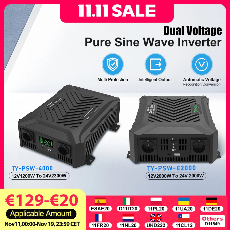 DATOUBOSS Portable Car Inverter 1200W-3000W Pure Sine Wave 12V-24V