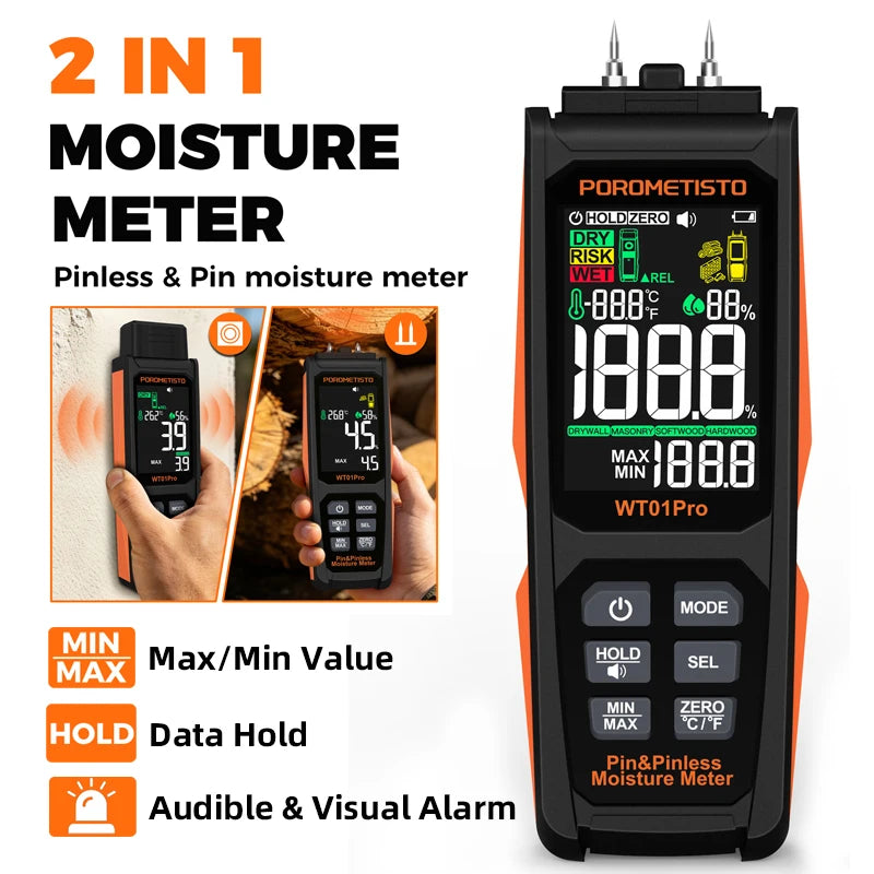 2-in-1 Pin and Pinless Digital Wood Moisture Meter with Backlit Display