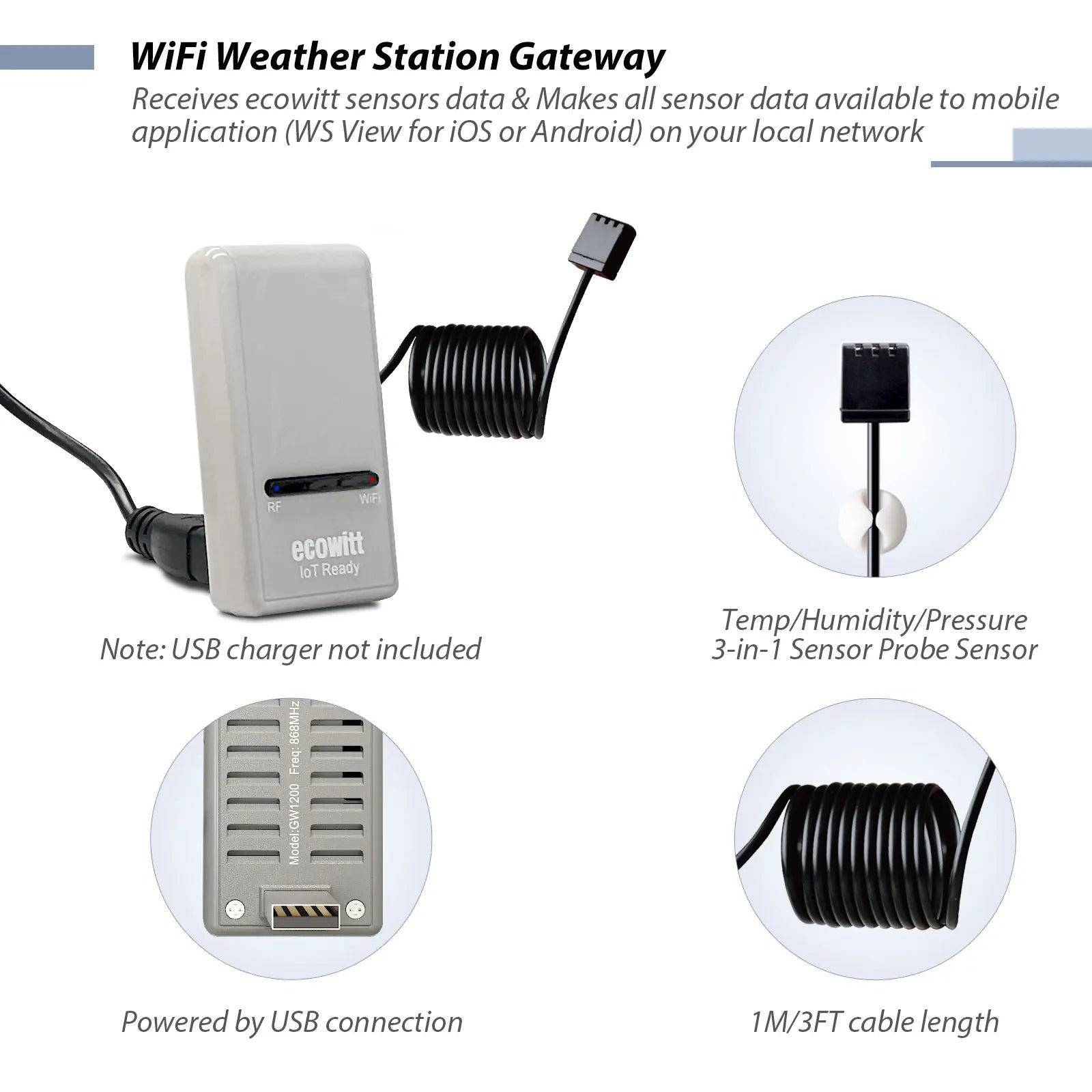 Ecowitt GW1200 Wi-Fi Hub Gateway with Built-in Thermometer, Hygrometer, and Barometric Pressure Sensor