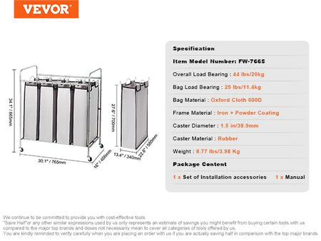 VEVOR 3/4-Section Laundry Sorter &ndash; Folding Ironing Board 4 section / United States