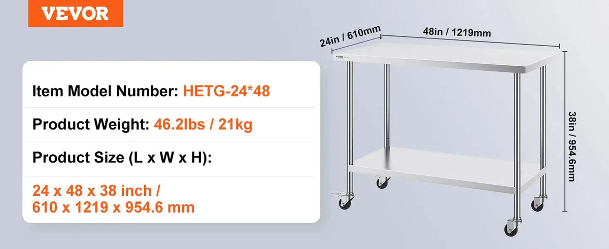 Stainless Steel Work Table Four Wheels 500 Lbs Load 24x48inch / UNITED KINGDOM