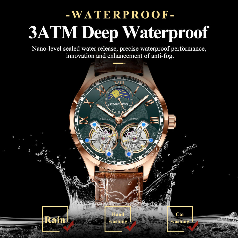 Tourbillon Automatisch Mechanisch Herenhorloge Met Leren Band, Waterdicht