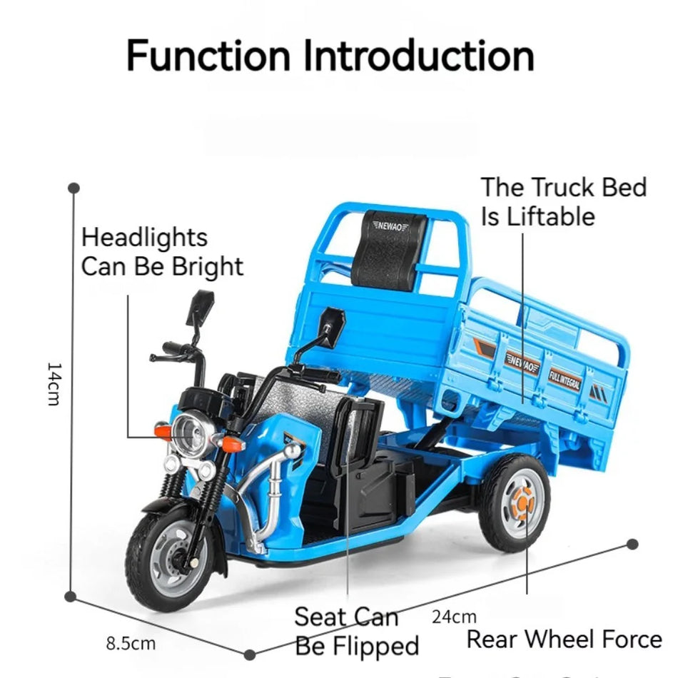 1:12 mēroga sakausējuma diecast trīsriteņu motocikla rotaļlieta ar skaņu un gaismām