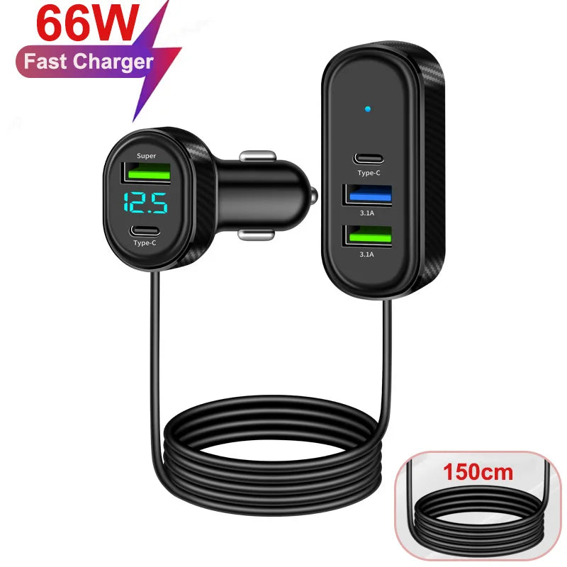 Φορτιστής αυτοκινήτου USB 5 θυρών με καλώδιο 150 Cm και ένδειξη τάσης για τηλέφωνα