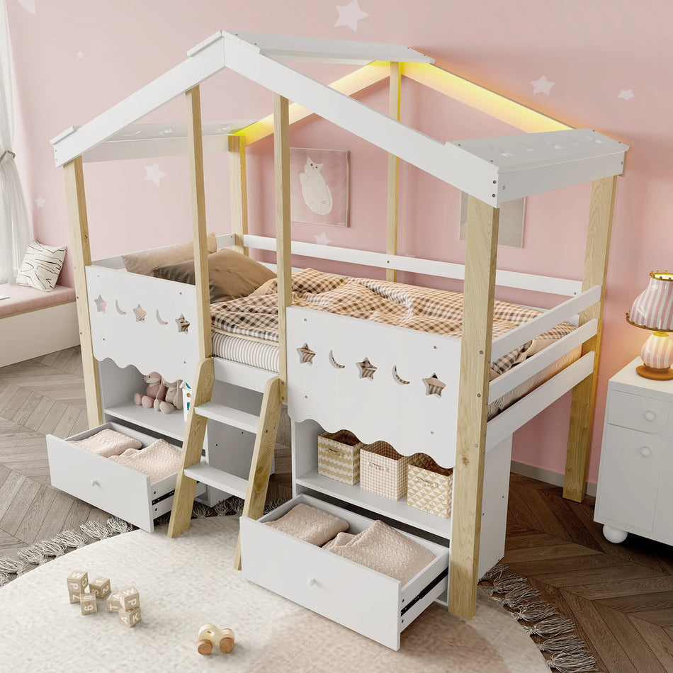 Vit Naturlig Husformad Loftsäng 90x200cm Med LED