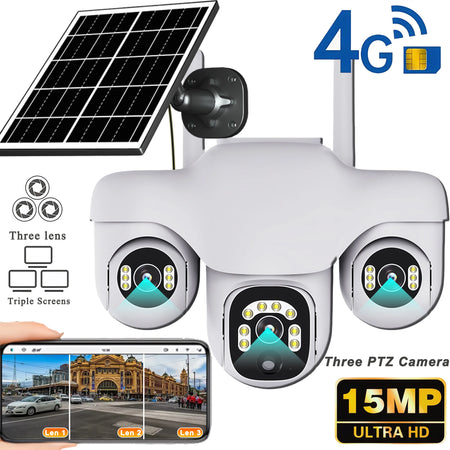 V380 Pro 15MP Solar Camera Triple Lens Triple PTZ Camera Two-Way Audio Outdoor Built-in Battery 4G IP Camera HD Security CCTV