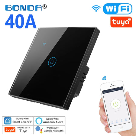 Smart Water Heater Switch with Voice Control and Touch Panel 703EU-BLACK-40A