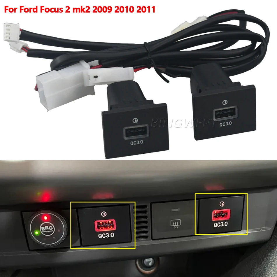 Cargador de coche USB PD Carga Rápida QC3.0 para Ford Focus 2 Mk2