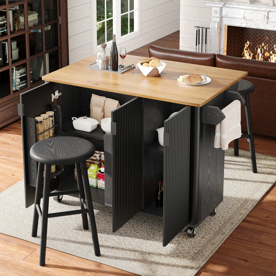 Wood Grain Kitchen Island Cart With Extendable Top On Wheels