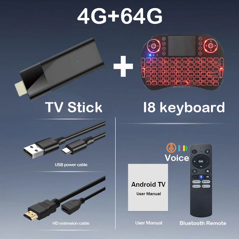 Mini Q12 8K Android TV Stick | Android 14 | Dual WiFi | Voice Remote 4G 64G Voice I8