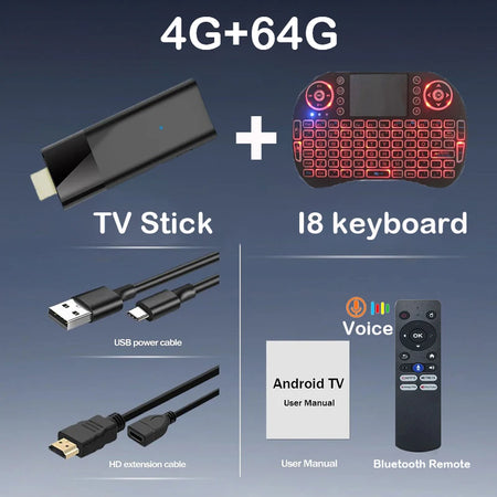 Mini Q12 8K Android TV Stick | Android 14 | Dual WiFi | Voice Remote 4G 64G Voice I8