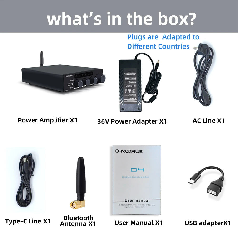O-NOORUS D4 2.1 Channel Amplifier with HDMI ARC, Bluetooth 5.3 and Multi-Input Support 36V5A Power adapter