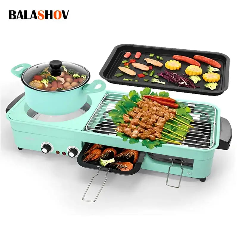 3 In 1 Smokeless Electric Grill With Nonstick Pan Hot Pot