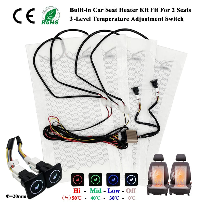 Universal Car Seat Heater Kit For Two Seats, 12V 27W Carbon Fiber Heating Pads