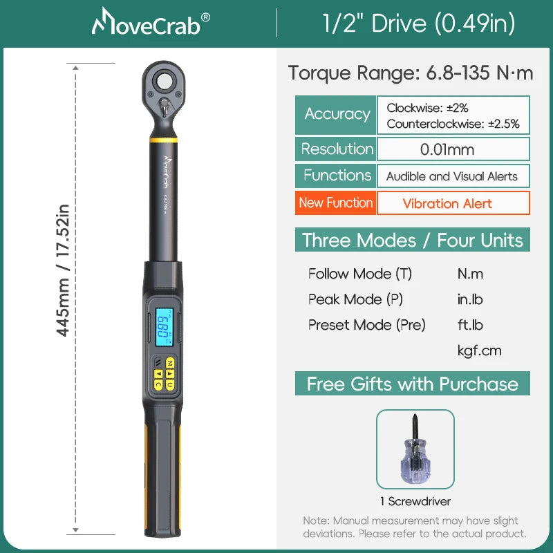 MOVECRAB Digital Torque Wrench 1.5-340N.m &ndash; High Precision with Buzzer and LED Notification 6.8-135N.m-vibration