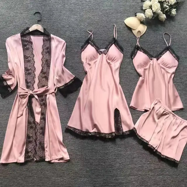 Silk Pajamas Set - 4PCS for All Seasons with Lace and Stylish Belt ZY013 / 4XL