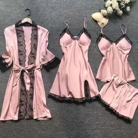 Silk Pajamas Set - 4PCS for All Seasons with Lace and Stylish Belt ZY013 / 4XL