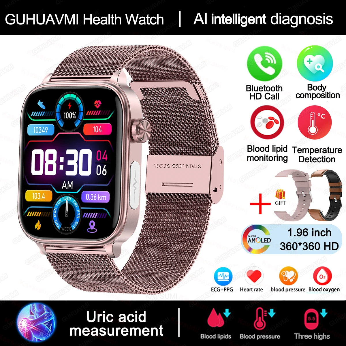 AI Diagnostic Detector Smart Watch &ndash; Comprehensive Health Tracking Pink-Mesh-Belt-2A / Health monitoring