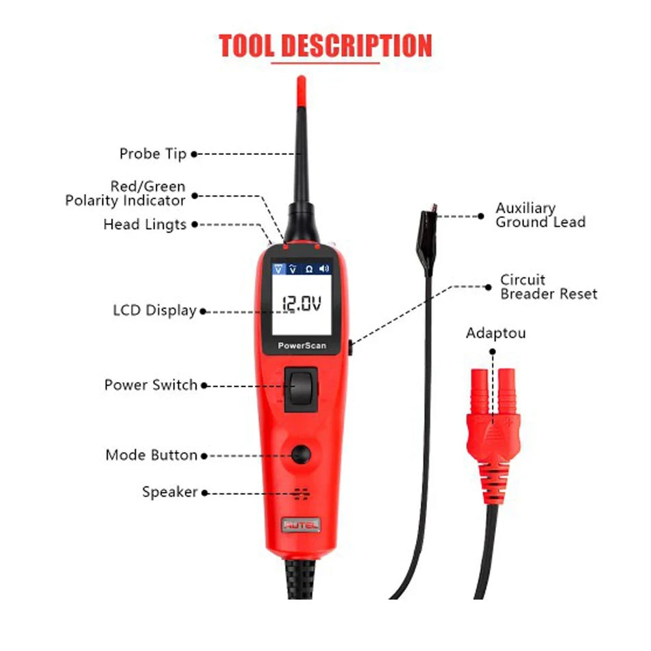 Автел PowerScan PS100 Автомобилен Тестер на Вериги 12V/24V с Цифров Волтметър