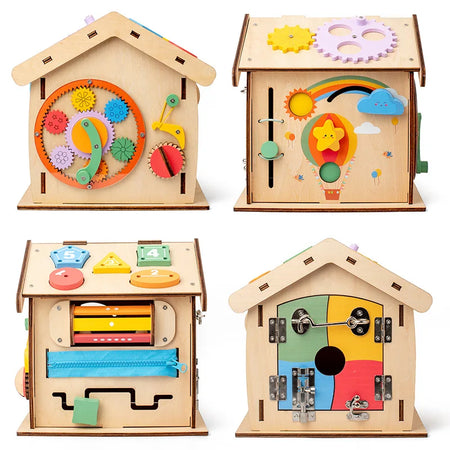 Kids Wooden Montessori House Busy Board &ndash; Object Permanence