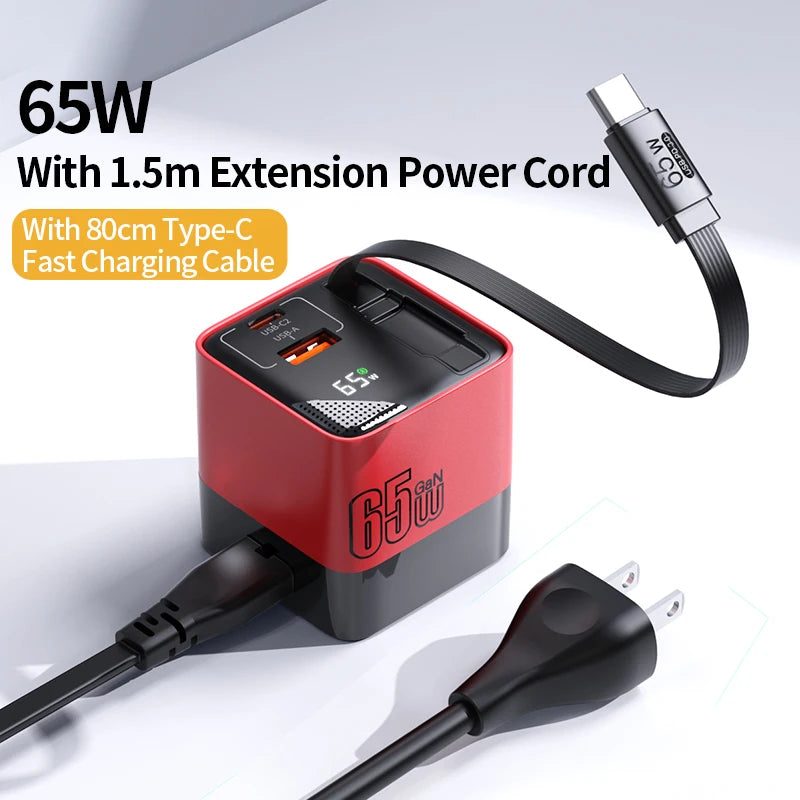 CrownQu 65W USB-C Fast Charger &ndash; Intelligent Charge with Built-in 80cm Type-C Cable Red US