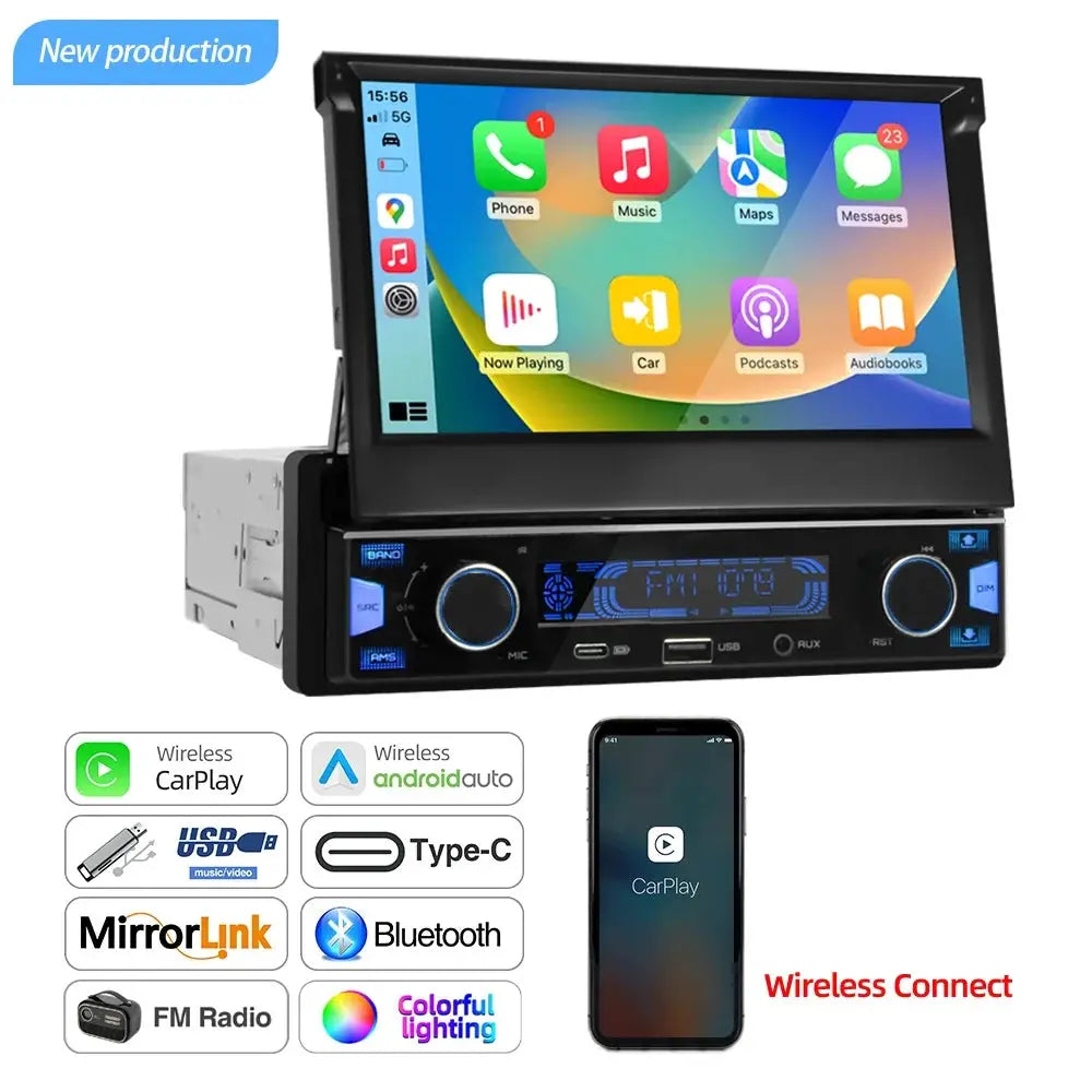 1DIN 7Inch MP5 Car Radio Player FM AM RDS Automatic Retractable IPS Touch Screen Wireless CarPlay Android Auto Car Stereo GPS by InterCyprus Trading Ltd