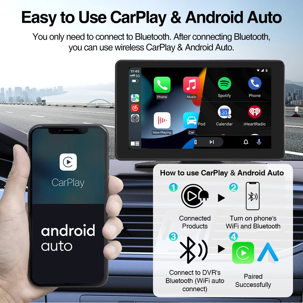 4K Dashcam 7inch Screen Driving Recorder &ndash; Wireless CarPlay