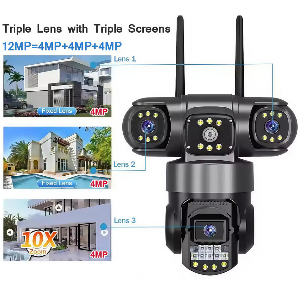 15MP Triple-Lens Triple Screens IP66 Outdoor HD Night Vision WiFi Surveillance Camera 4G SIM Outdoor IP Security Camera V380 Pro