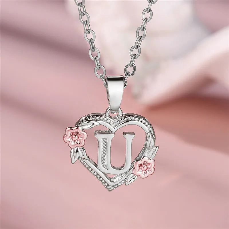 Charming Silver A-Z Letter Flower Pendant Necklace for Women U