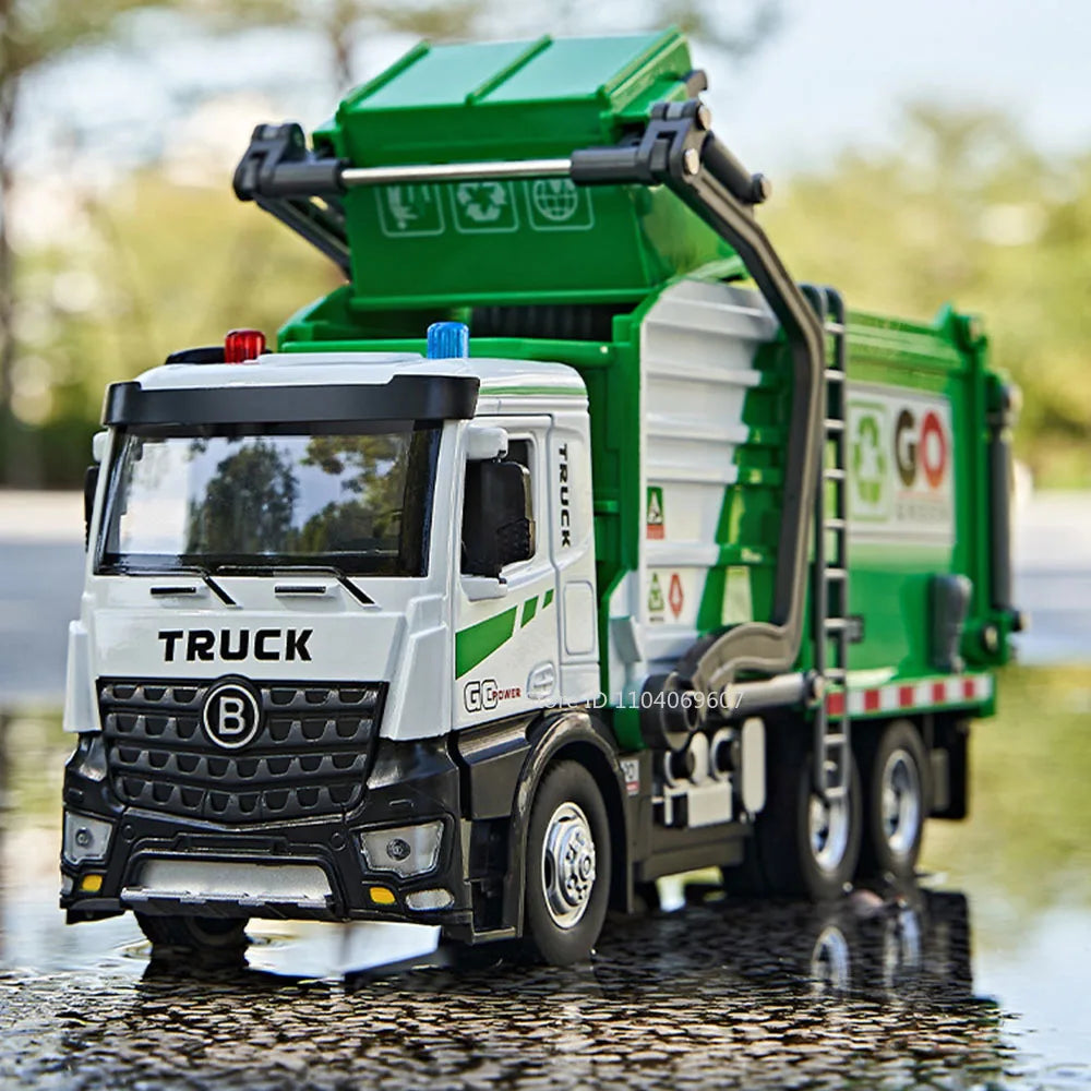 1:18 Model Toy Electric Sanitation Garbage Trucks Metal Diecast Alloy Crane Sound Light Doors Opened Engineering Vehicle Gifts
