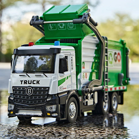 1:18 Model Toy Electric Sanitation Garbage Trucks Metal Diecast Alloy Crane Sound Light Doors Opened Engineering Vehicle Gifts