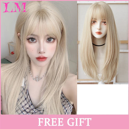 LIANGMO 24-Inch Heat-Resistant Pink Straight Wig with Bangs