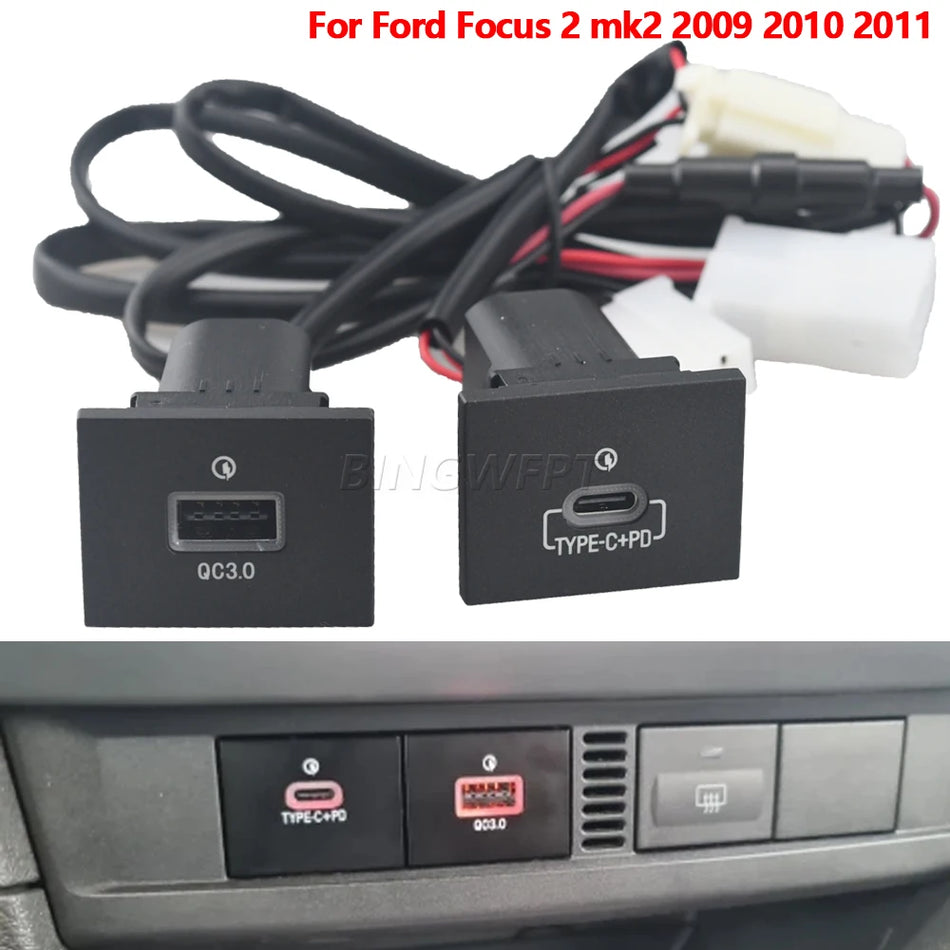 Carregador USB para Carro Preto/prata ABS PD Carga Rápida para Ford Focus 2 Mk2