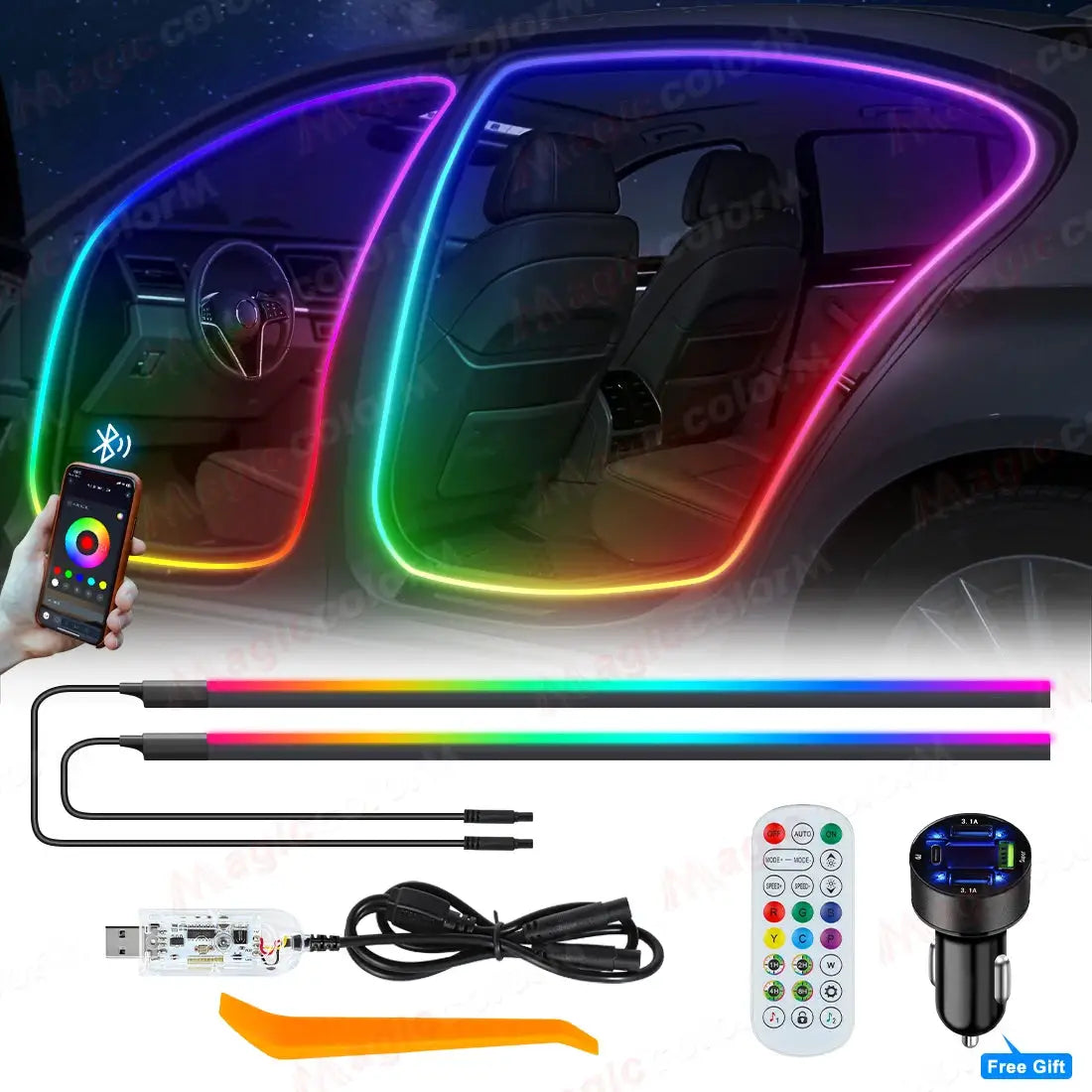 3Meters 4M Symphony Car Door Frame Ambient Lights Universal RGB LED Acrtlic Strips APP Bluetooth Remote Control USB Plug & Play by InterCyprus Trading Ltd