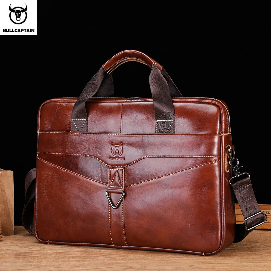 BullCaptain Genuine Cow Leather Briefcase For 15 Inch Laptop, Mens Professional Leather Case