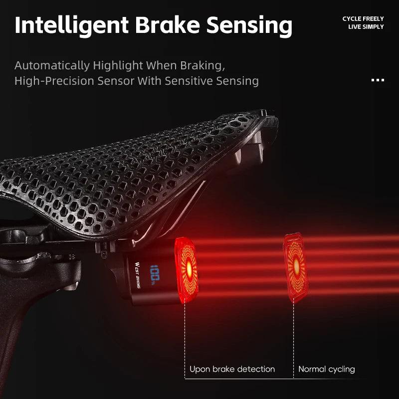 WEST BIKING Smart Brake Sensing Bicycle Taillight with Digital Power Display