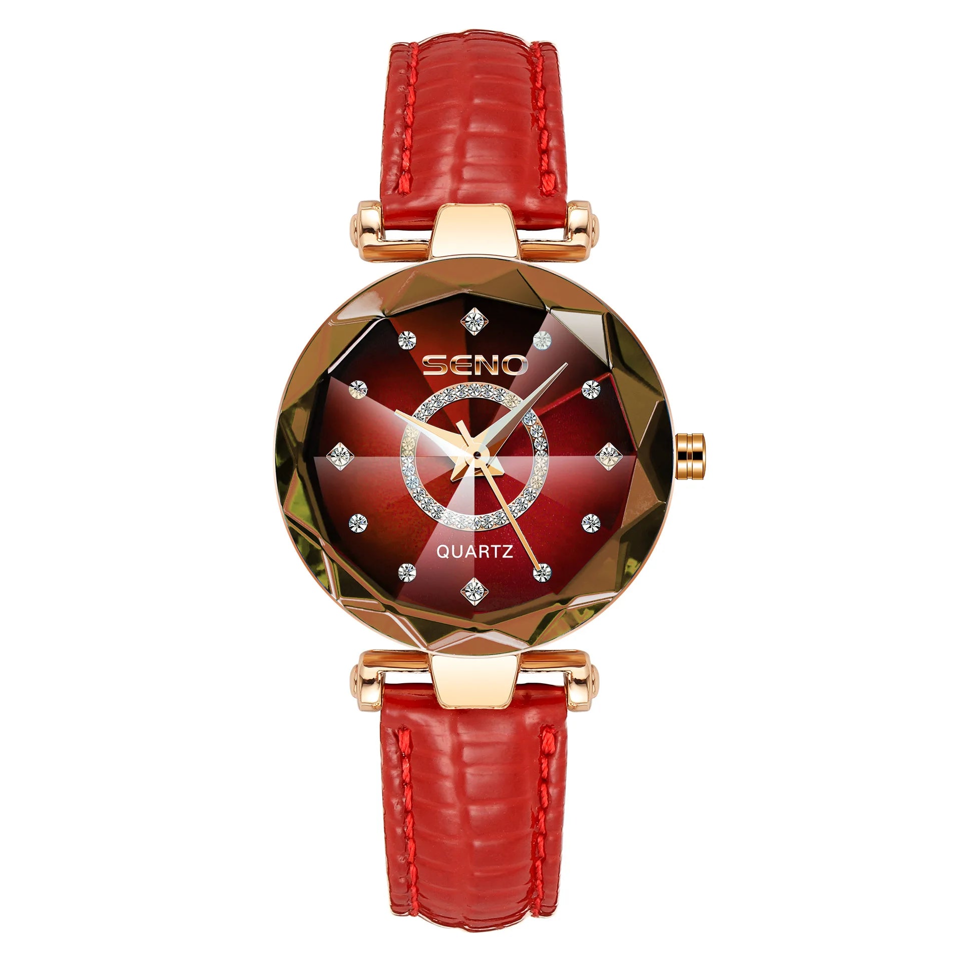 SENO Ocean Star Luxury Rose Gold Women's Crystal Bracelet Watch leather red
