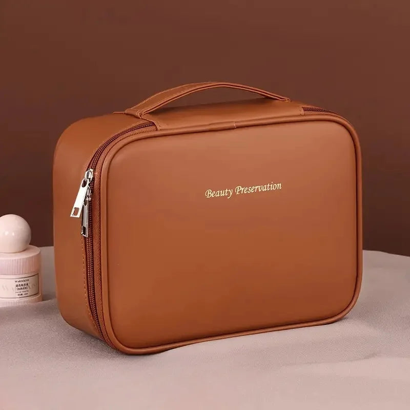 Large Capacity Waterproof Travel Cosmetic Bag with Divider Mocha brown