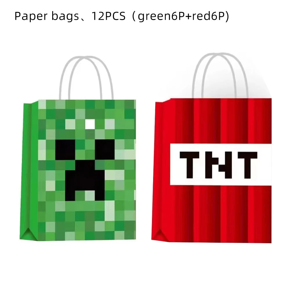 Pixel Game Party Supplies - Disposable Tableware &amp; Decor 12pcs Paper Bags