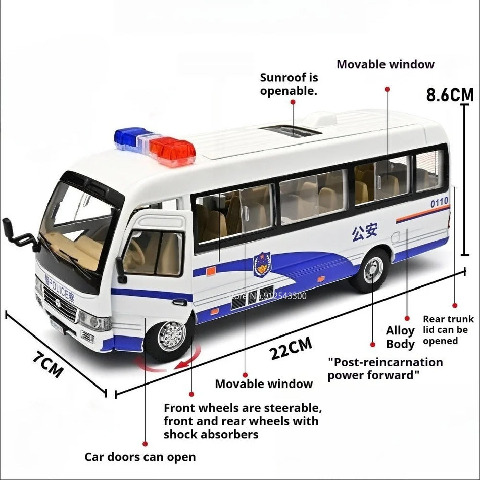 Model de mașină de poliție din metal turnat 1:24, acțiune cu retragere, uși deschise.