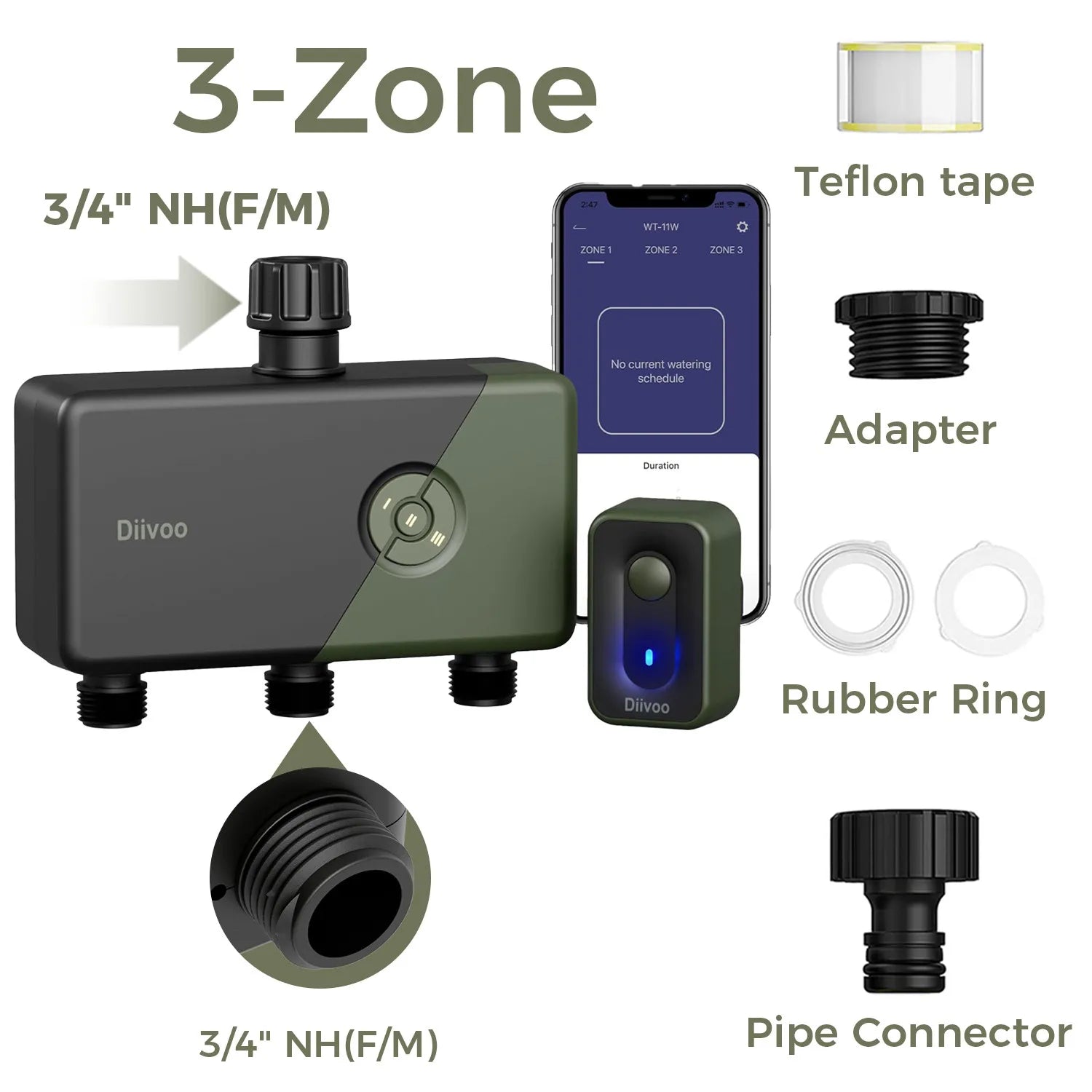 Diivoo Garden WiFi Water Timer - 4 Zone Smart Irrigation Controller with Rain Delay & Alexa Compatibility CHINA / 3 ZONE-NH