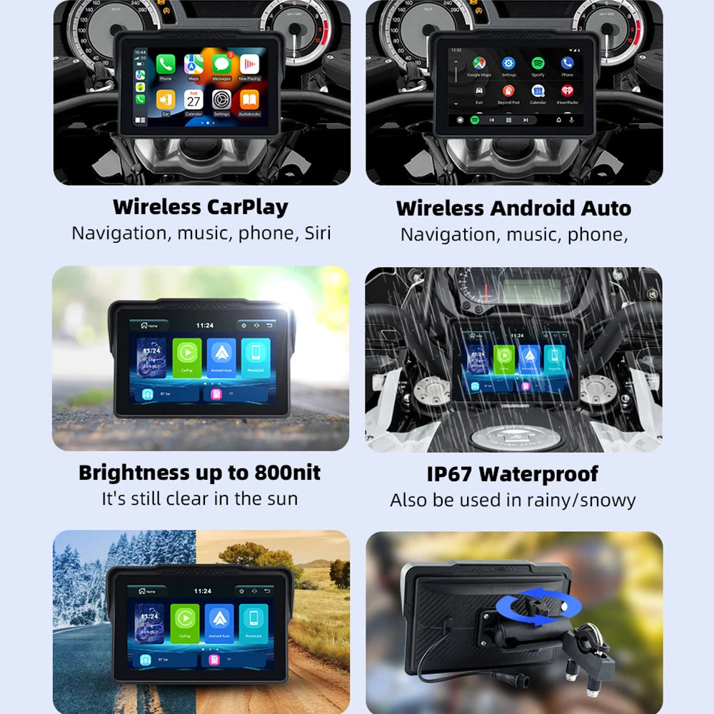 EKIY 7 Inch Portable Motorcycle Dashboard GPS &ndash; Waterproof IPX7 Display with Android Auto