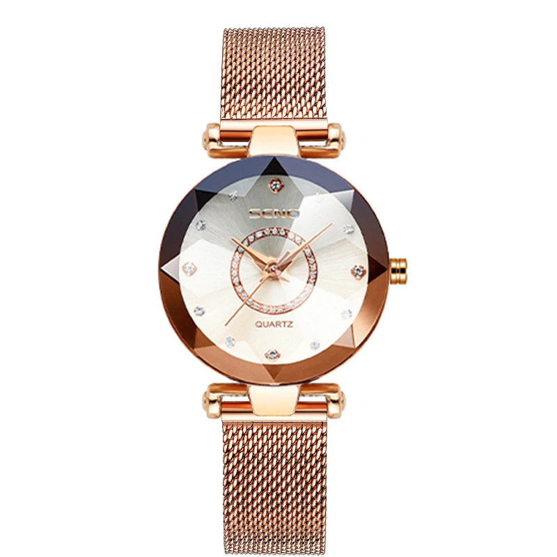 SENO Ocean Star Luxury Rose Gold Women's Crystal Bracelet Watch mesh white