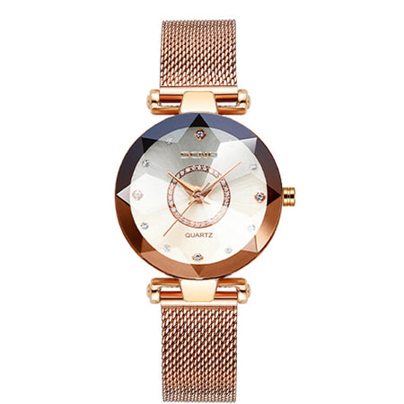 SENO Ocean Star Luxury Rose Gold Women's Crystal Bracelet Watch mesh white