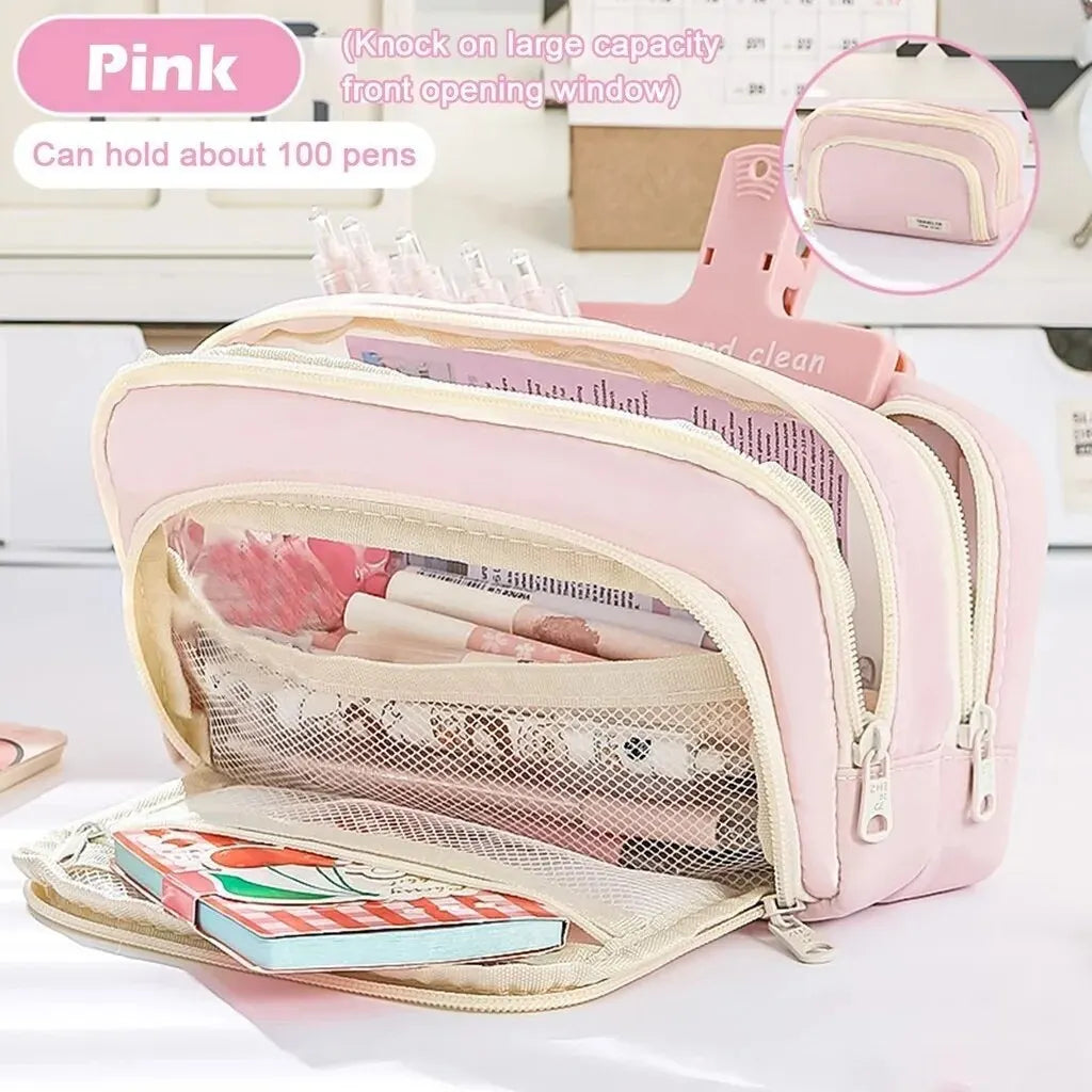Kawaii Pencil Case | 3 Layer Cute Pen Bag | Large Capacity Korean Organizer With logo-Pink