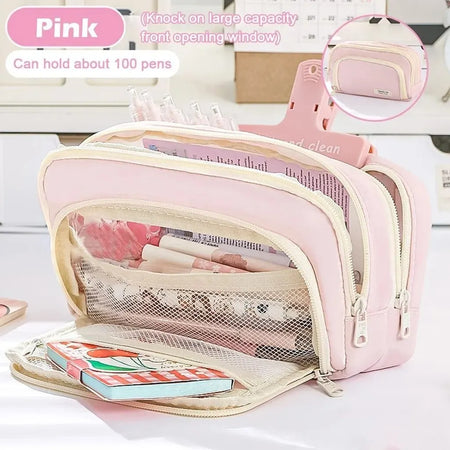 Kawaii Pencil Case | 3 Layer Cute Pen Bag | Large Capacity Korean Organizer With logo-Pink