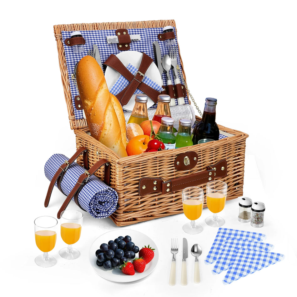 Cesta de picnic de mimbre para 4 con manta impermeable y utensilios