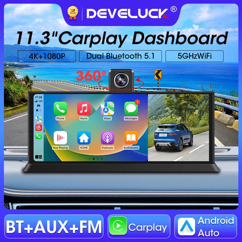 Cámara de tablero para coche 4K de 11.3 pulgadas con CarPlay inalámbrico y GPS
