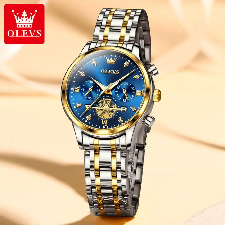 🟠 Olevs 2897 Quartz Watch для женщин дизайн маховика Алмазы Элегантные водонепроницаемые хронограф из нержавеющей стали.